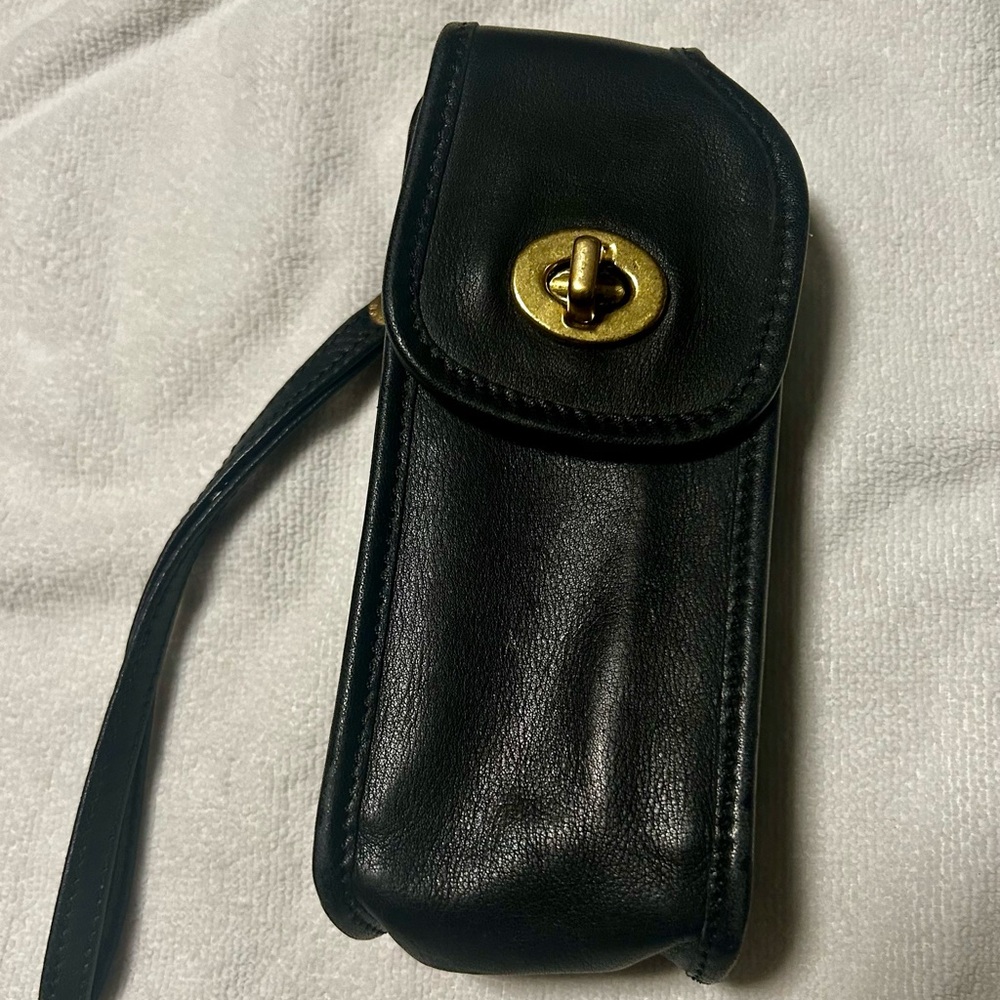 Coach Vintage Black Leather Wristlet with Gold Clasp